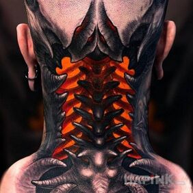 Tattoo Devil's grub on the nape motif: black and gray style: organic