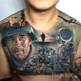 Tattoo Private Ryan on the chest motif: characters style: realistic