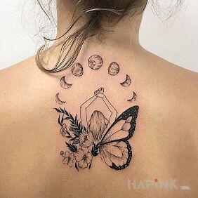 Tattoo Girl with butterfly wings on the back motif: butterflies style: graphic / illustrative