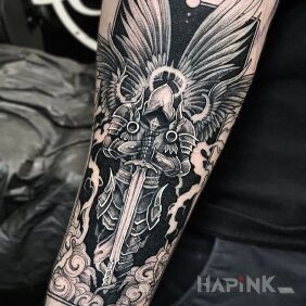 Tattoo Warrior from the heavens on the forearm motif: angels style: graphic / illustrative