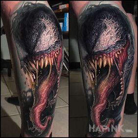 Tattoo Venom on the calf motif: characters style: realistic