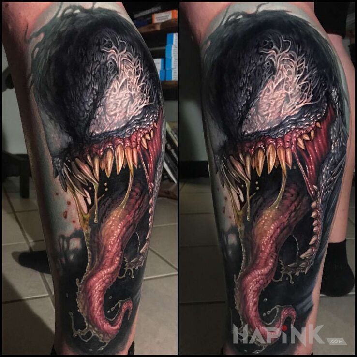 Tattoo Venom in characters motif and realistic style on the calf