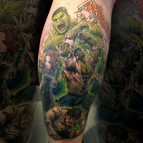 Tattoo Hulk Color Comics on the calf motif: characters style: cartoon / comic book