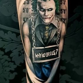 Tattoo Joker Why so Serious on the forearm motif: characters style: graphic / illustrative
