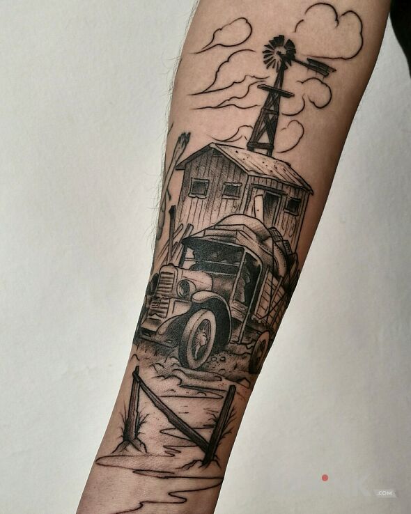 Tattoo John Steinbeck / The Grapes of Wrath in black and gray motif and graphic / illustrative style on the forearm