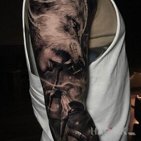 Tattoo Woman wolf on the forearm motif: characters style: realistic
