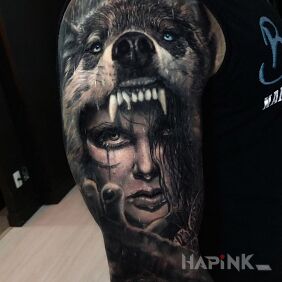 Tattoo The woman in the wolf's mouth on the upper arm motif: 3D style: realistic