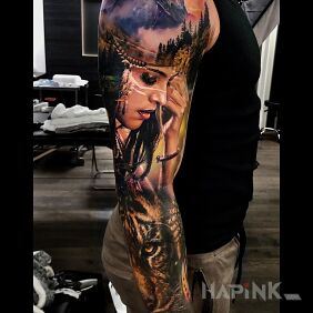 Tattoo Indian woman and mountains on the forearm motif: Indian style: realistic