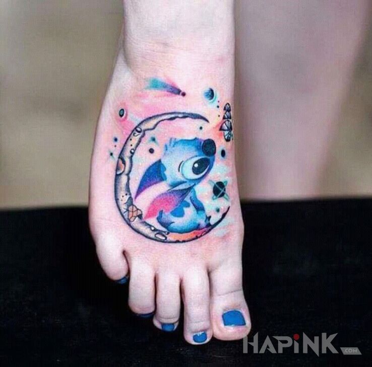 Tattoo Stich in characters motif and Watercolor style on the foot