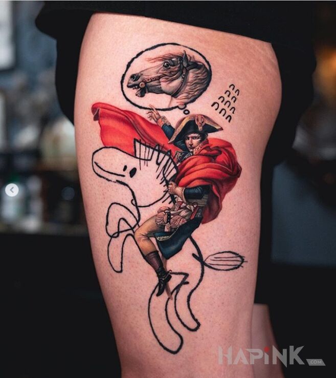 Tattoo Napoleon in colorful motif and realistic style on the leg