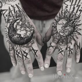 Tattoo Moon and sun on the fingers motif: other style: graphic / illustrative