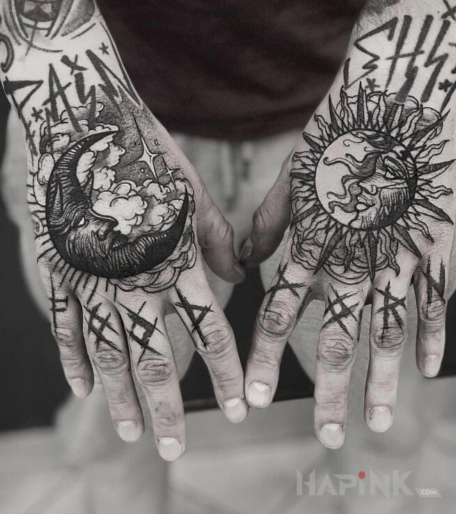 Tattoo Księżyc i słońce in criminal lettering motif and graphic / illustrative style on the wrist
