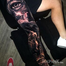 Tattoo Cosmic eye on the tibia motif: 3D style: realistic