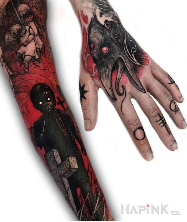 Tattoo Omen in colorful motif and graphic / illustrative style on the forearm