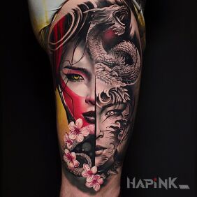 Tattoo Geisha on the leg motif: black and gray style: realistic