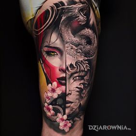 Tatuaż Gejsza na nodze motyw: twarze styl: realistyczne
