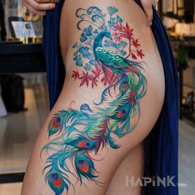 Tattoo Beautiful peacock on the leg motif: colorful style: graphic / illustrative