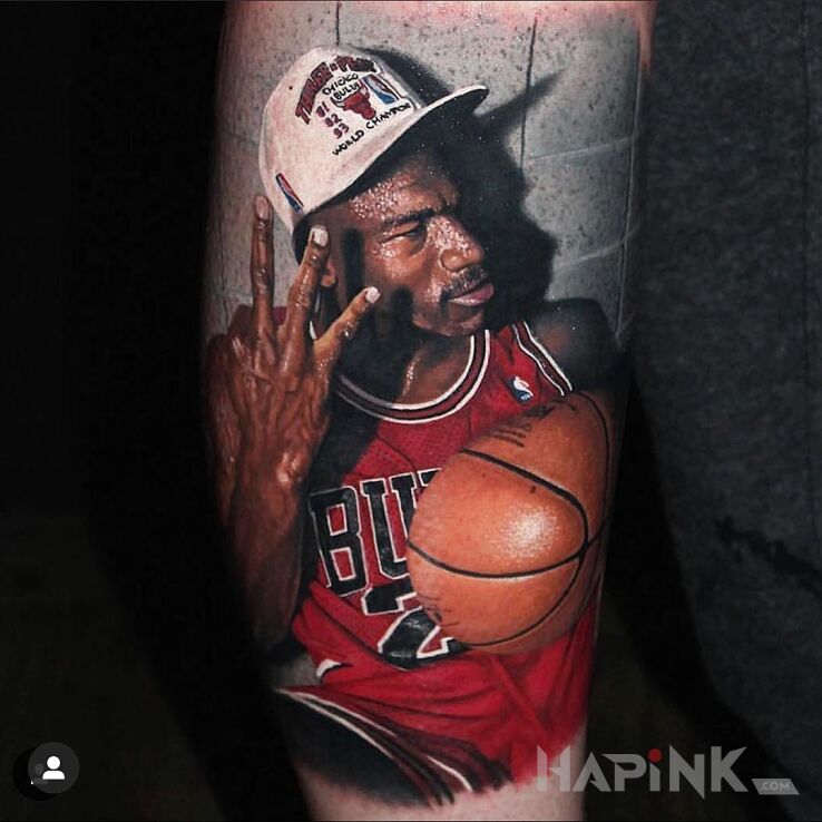 Tattoo Jordan bejbi in famous people motif and realistic style on the calf