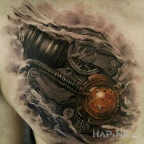Tattoo Sheet metal under the skin on the chest motif: black and gray style: realistic