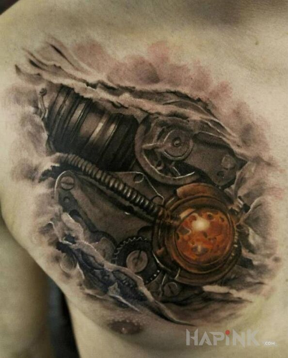 Tattoo Blacha pod skora in 3D motif and realistic style on the chest