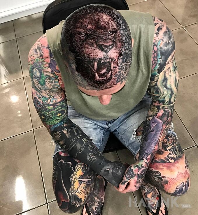 Tattoo Lew na bani in sleeves motif and graphic / illustrative style on the head