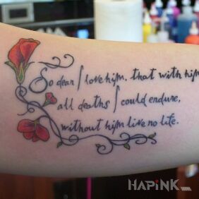 Tattoo Inscription with red flowers on the upper arm motif: flowers