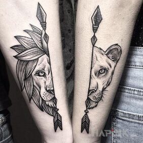 Tattoo Lions with arrows on the forearm motif: animals style: graphic / illustrative