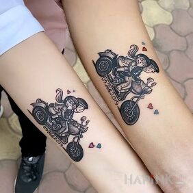 Tattoo Lovers of two wheels on the forearm motif: Love style: graphic / illustrative