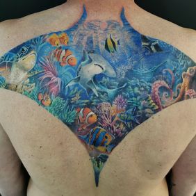 Tattoo Underwater world on the shoulder blades motif: animals style: realistic