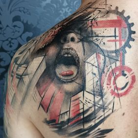 Tattoo Woman on the shoulder blades motif: faces style: trash polka