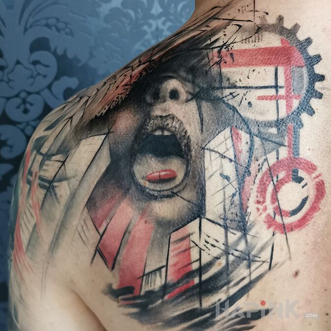 Tattoo Woman in colorful motif and trash polka style on the shoulder blades
