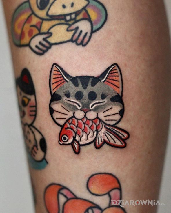 Tatuaż milusi kot w motywie kolorowe i stylu graficzne / ilustracyjne na przedramieniu