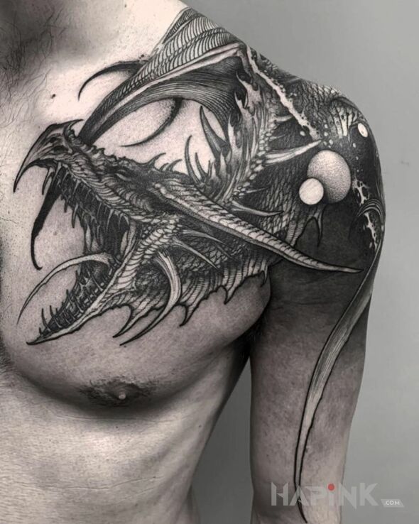 Tattoo Smoczysko in black and gray motif and graphic / illustrative style on the chest