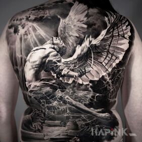 Tattoo An angel in a web ???? on the shoulder blades motif: 3D style: realistic