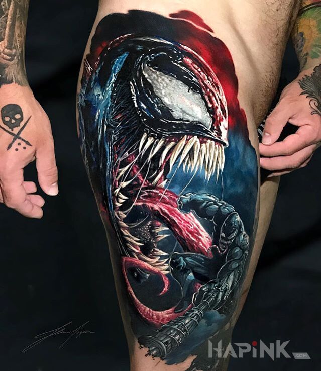 Tattoo Potężny Venom in colorful motif and realistic style on the leg