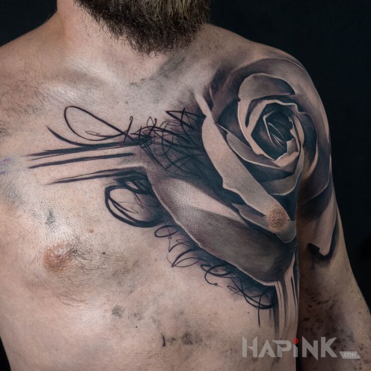 Tattoo Jedna sesja całodniowa - wielka praca wykonana przez Bartasa in flowers motif and sketch style on the collarbone