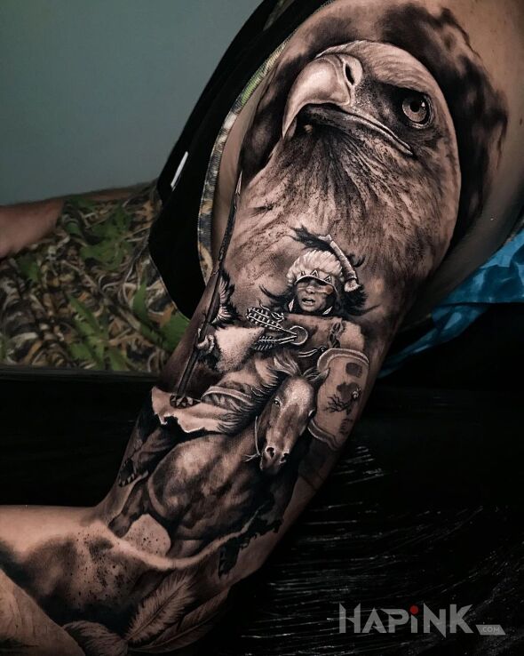 Tattoo Orzeł z Indianinem in 3D motif and realistic style on the upper arm