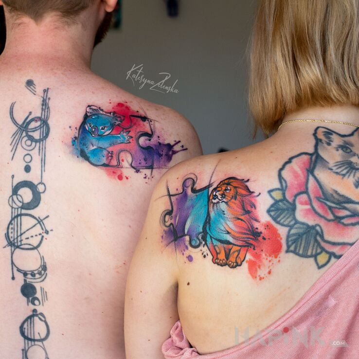 Tattoo Koala / Lew / Puzzle in animals motif and graphic / illustrative style on the back