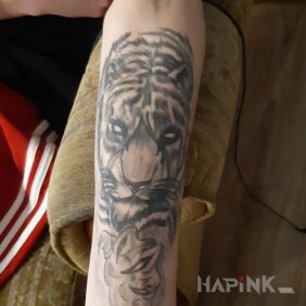 Tattoo Tiger on the forearm motif: black and gray style: surrealistic