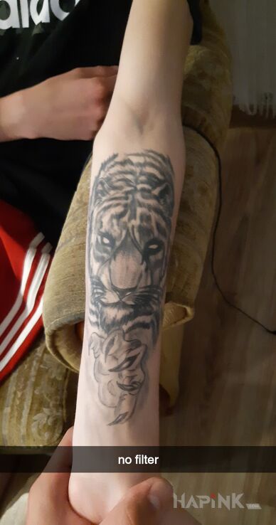 Tattoo Tygrys in black and gray motif and graphic / illustrative style on the forearm