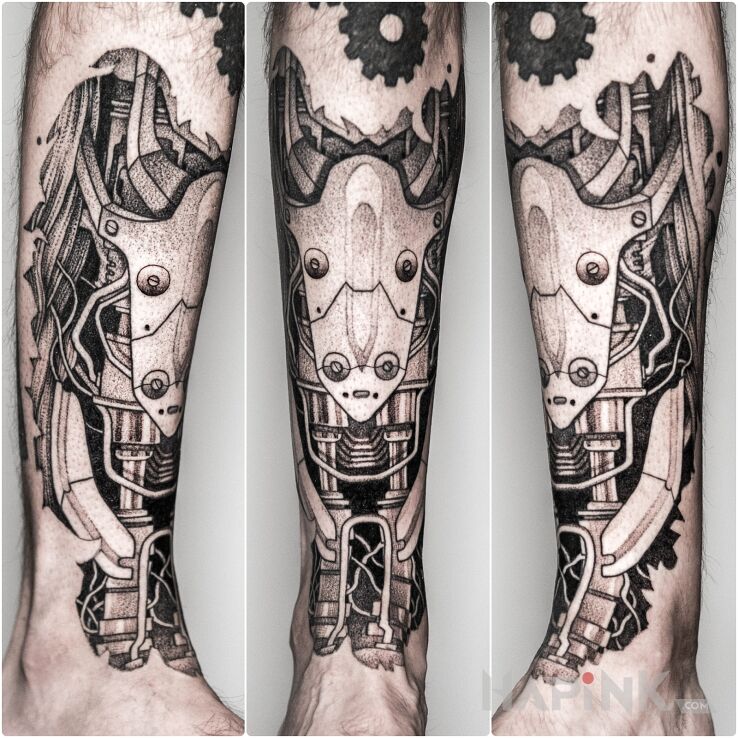 Tattoo Cyberpunk / Steampunk / Biomechanika in ripped skin motif and biomechanics style on the tibia