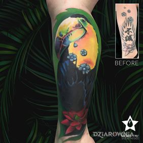 Tatuaż Cover up! na łydce motyw: zwierzęta styl: realistyczne