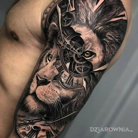 Tatuaż Zegar w lwie na ramieniu motyw: 3D styl: realistyczne