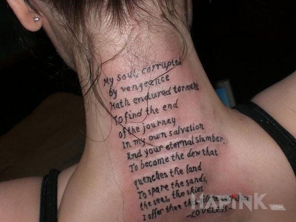 Tattoo Fragment tekstu in lettering motif on the nape