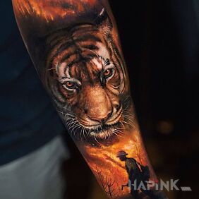 Tattoo Tiger tiger on the forearm motif: characters style: realistic