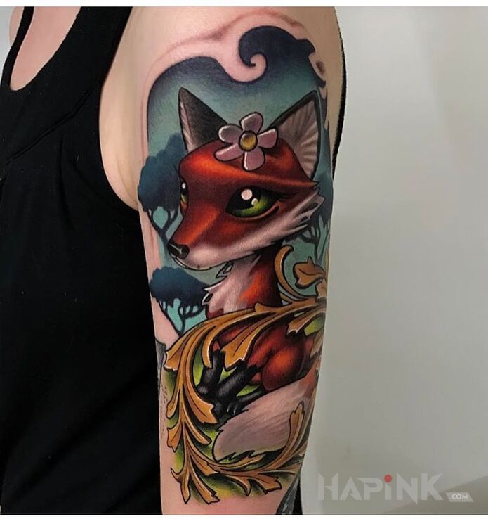 Tattoo Przesłodki lisek in animals motif and cartoon / comic book style on the upper arm