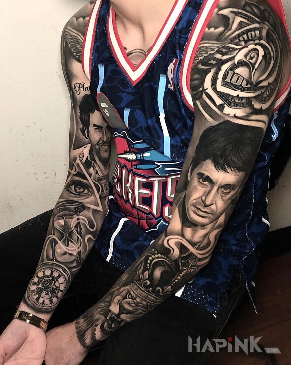 Tattoo Tony Montana i Pablo Escobar in sleeves motif and realistic style on the forearm