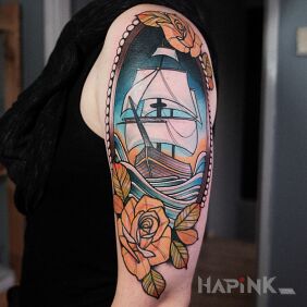 Tattoo Ship / Ship / Mast / Roses on the upper arm motif: other style: neo-traditional