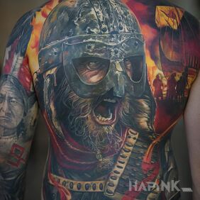 Tattoo The cry of the Viking on the back motif: 3D style: realistic