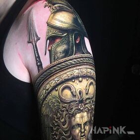 Tattoo Warrior with a spear on the upper arm motif: colorful style: realistic